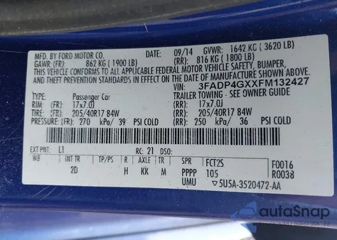 2015 Ford Fiesta St из США, поврежденный, VIN 3FADP4GXXFM132427